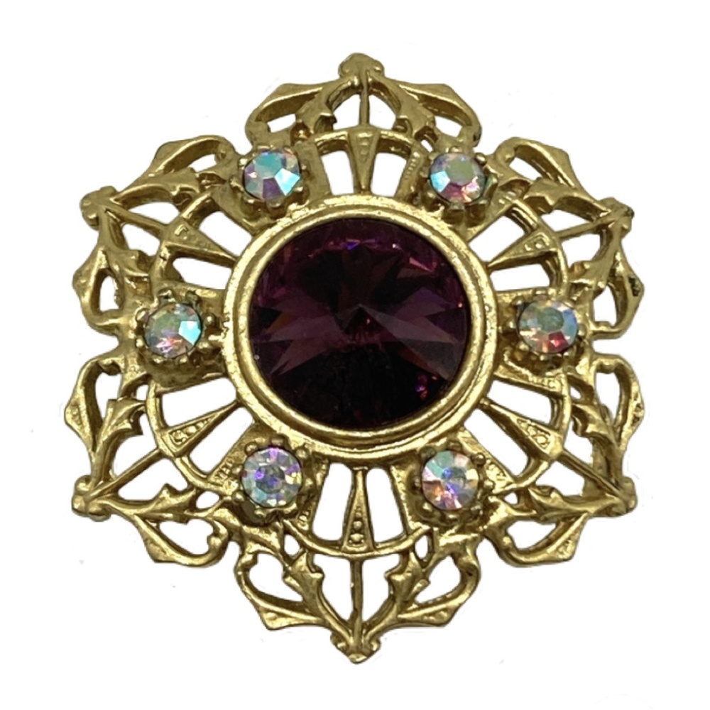 Vintage Avante Aurora Borealis & Purple Rhinestone Gold Tone Brooch Pin